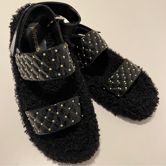 NWOT JEFFREY CAMPBELL Ardeman Sandal Black Sherpa Slide Quilted Gold Detail (7) - Picture 2 of 5